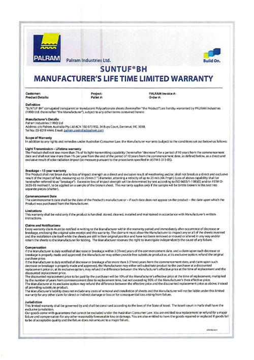 Suntuf BH Polycarbonate Warranty