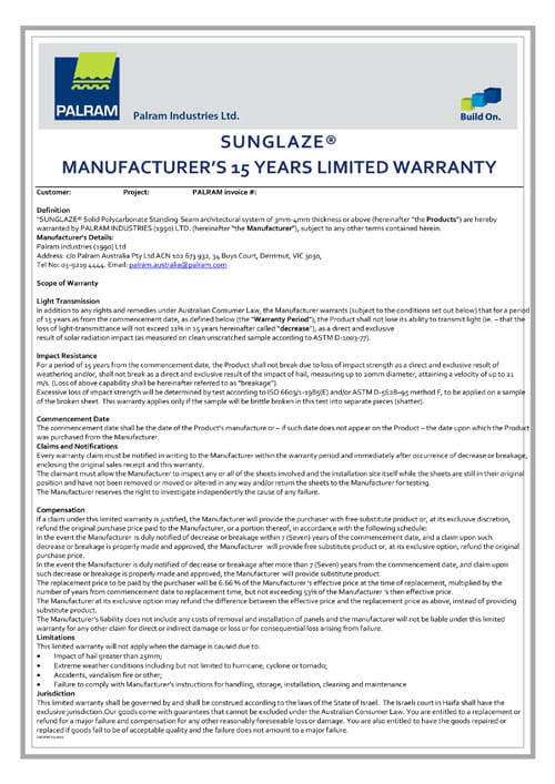 Sunglaze Warranty Brochure
